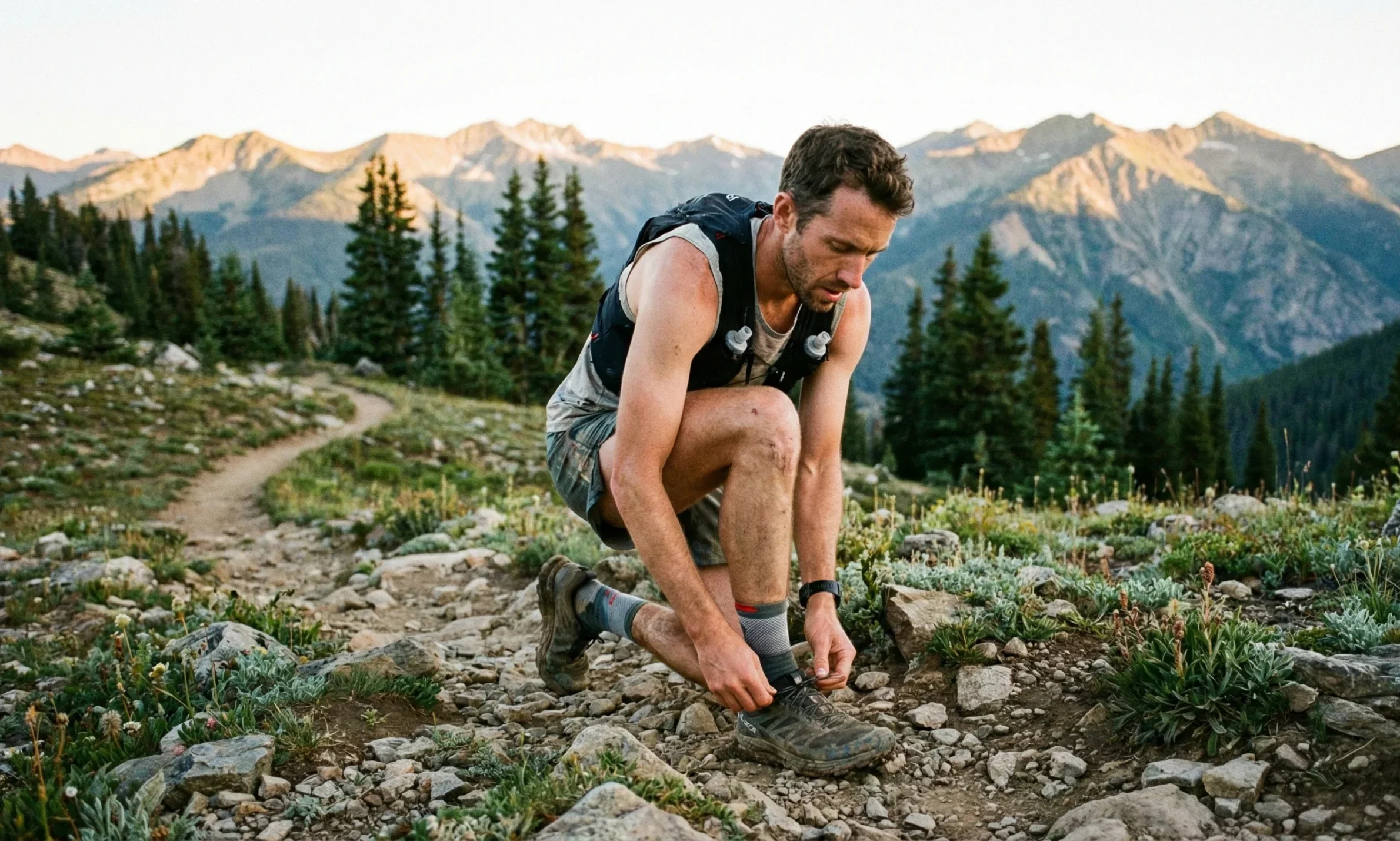 Corredor de trail ajustándose los calcetines y las zapatillas en un sendero de montaña.