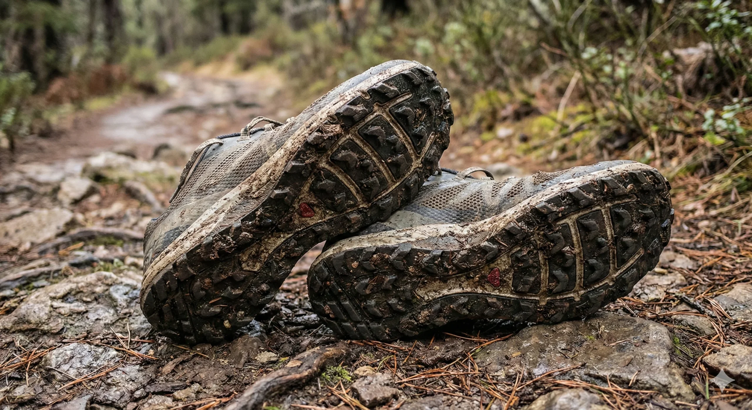 Detalle de zapatillas de trail running con barro y buena tracción en un sendero de montaña.