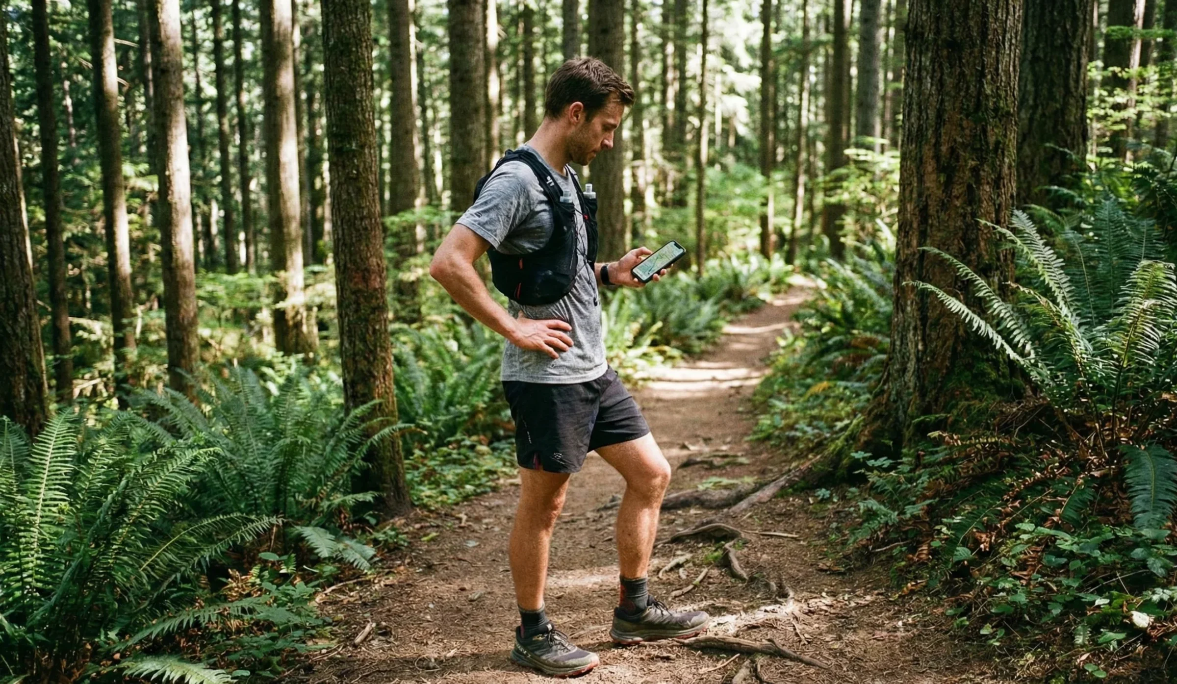 Corredor consultando una ruta en su móvil en medio de la naturaleza.