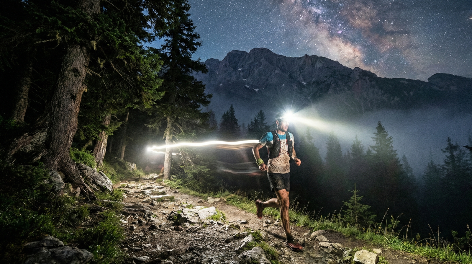 Corredor de montaña iluminando el sendero con un frontal potente durante un entrenamiento nocturno.