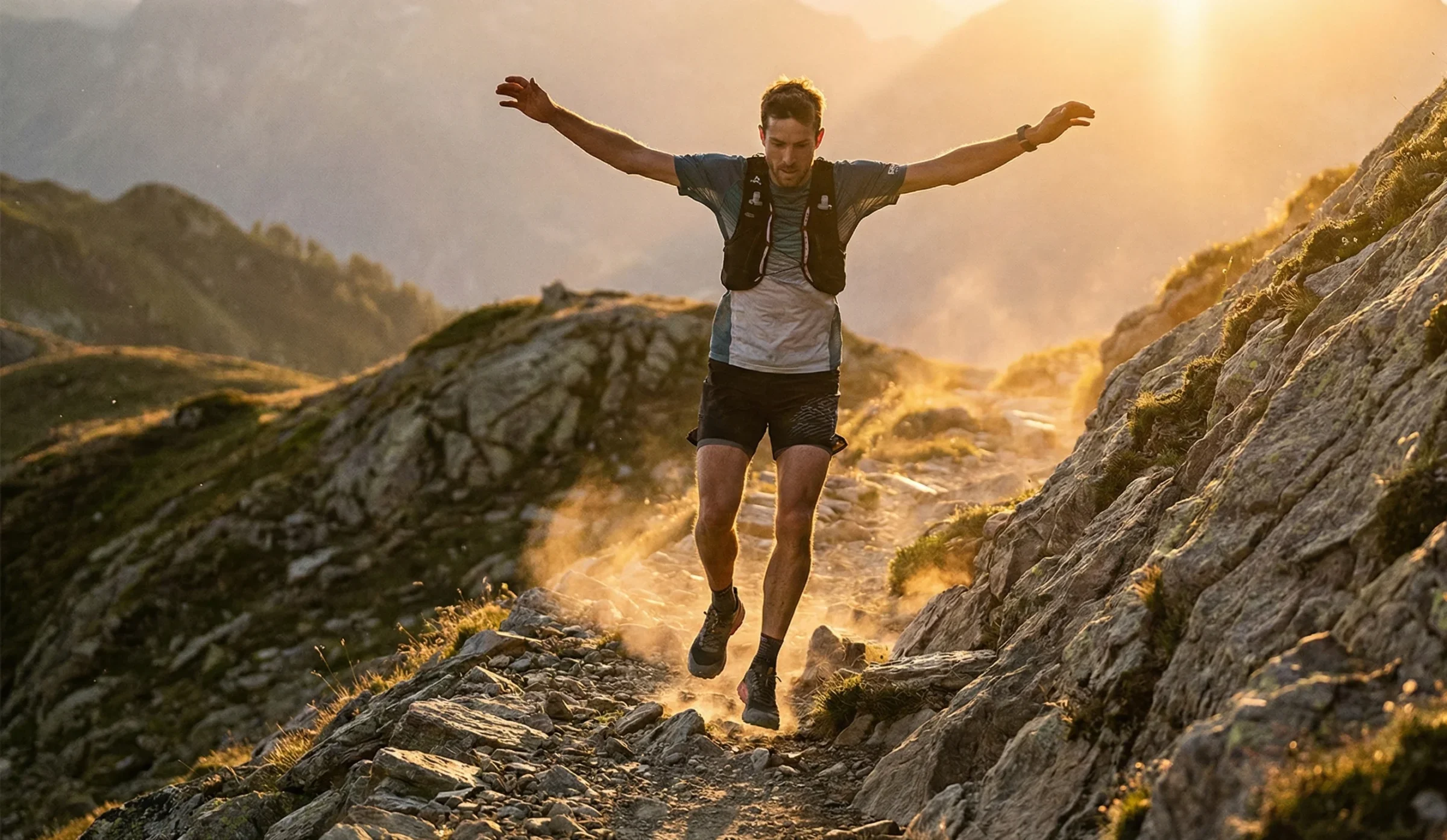 Corredor descendiendo por un sendero técnico con los brazos abiertos y la mirada al frente.