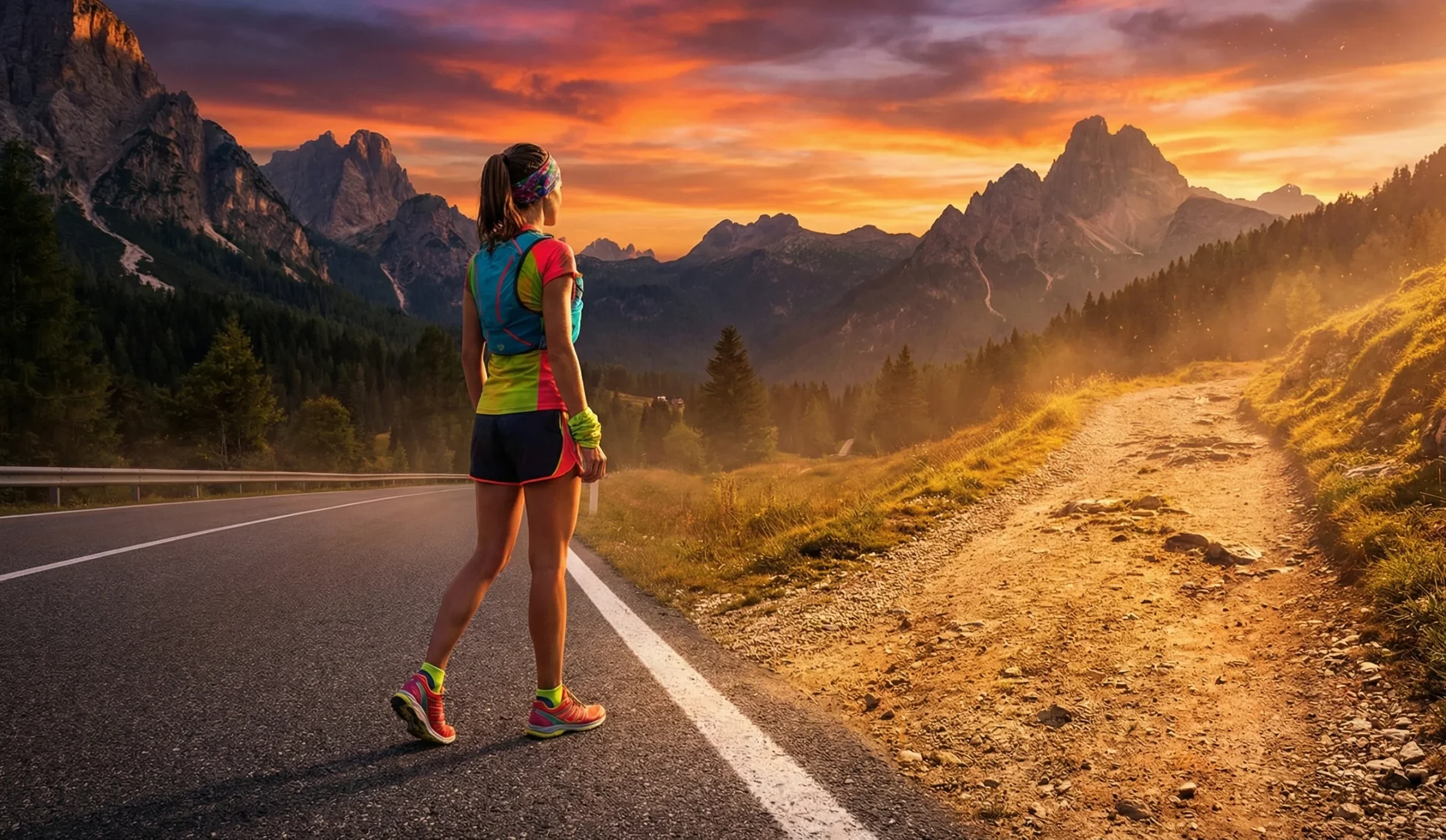 Corredor de asfalto observando un sendero de montaña, preparado para empezar en trail running.