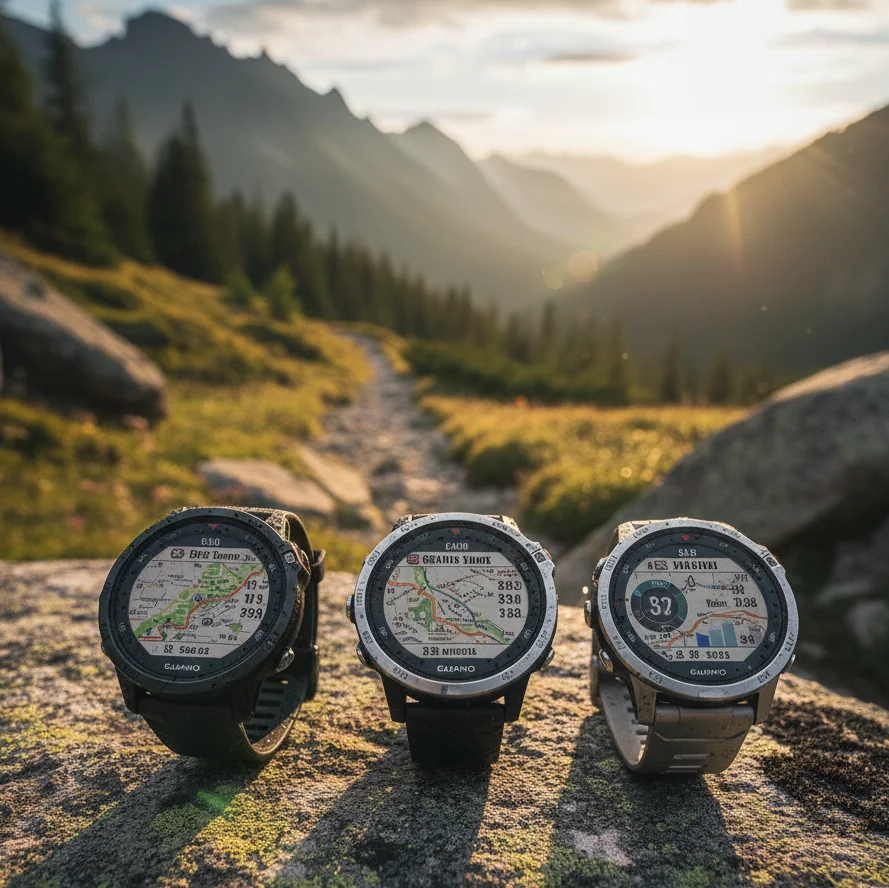 Colección de relojes GPS para trail running sobre una roca en la montaña.
