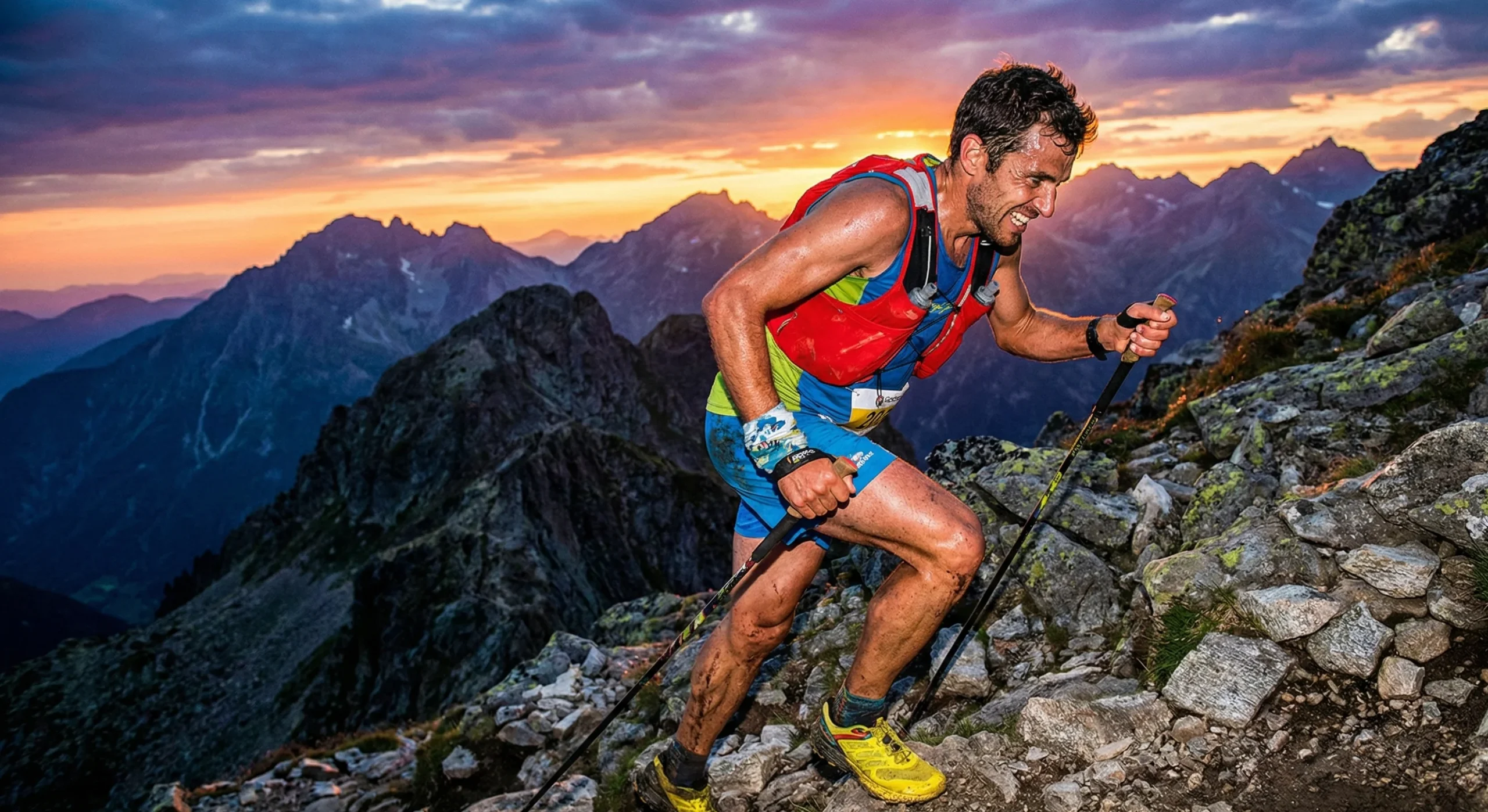 Corredor de ultra trail concentrado mirando un sendero de montaña difícil, representando la concentración mental.