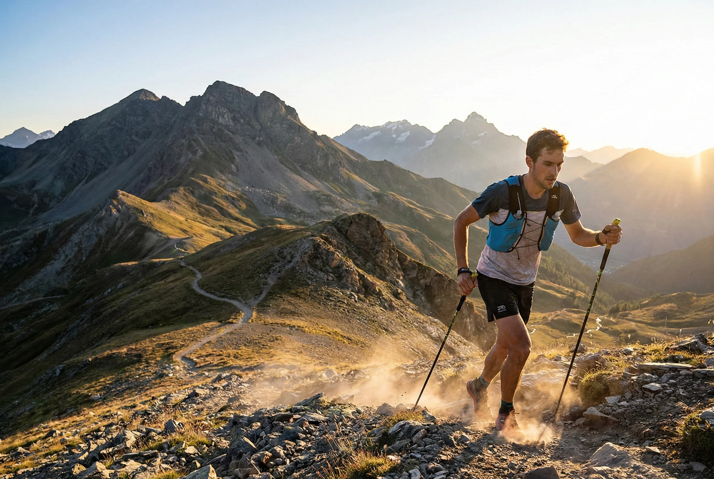 Corredor de montaña utilizando bastones en una subida técnica de ultra trail.