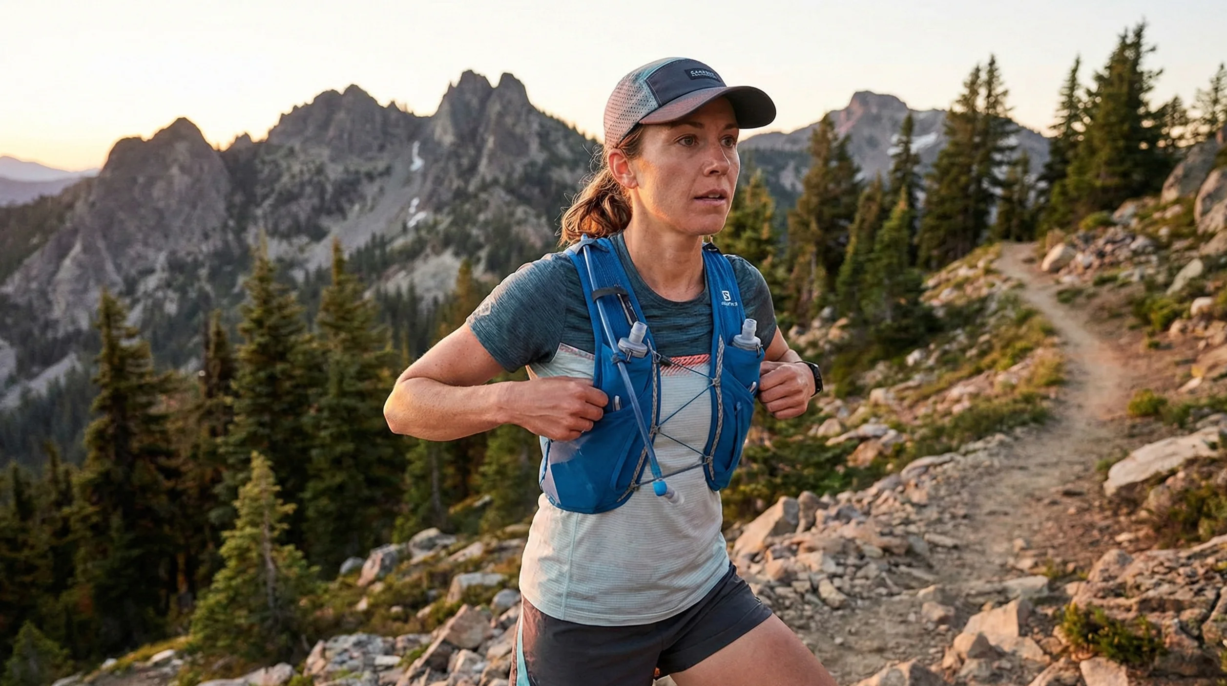 Corredora ajustándose una mochila de trail running en plena montaña.