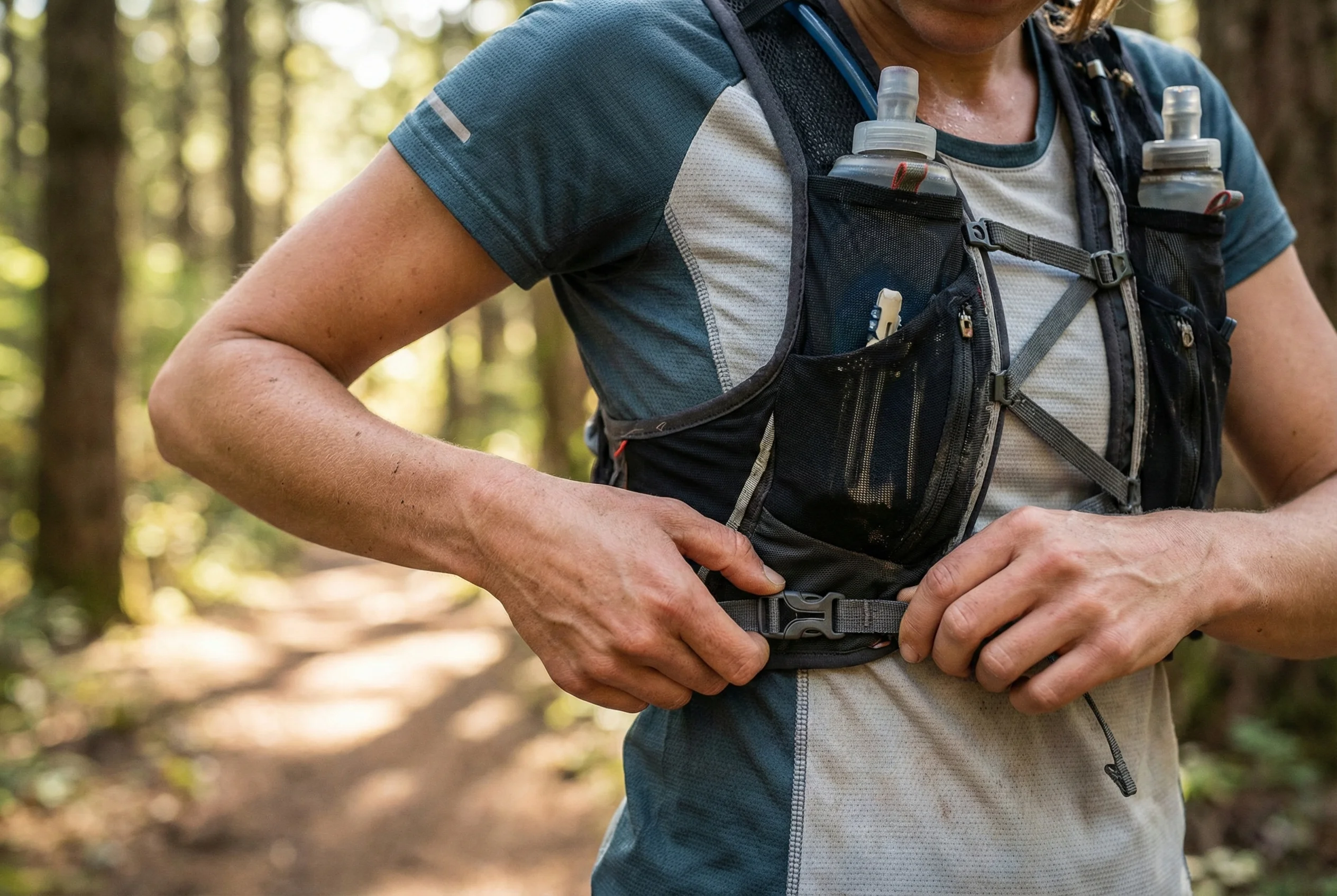 Detalle de un corredor ajustando las correas de su mochila de hidratación para evitar el rebote y la fricción.