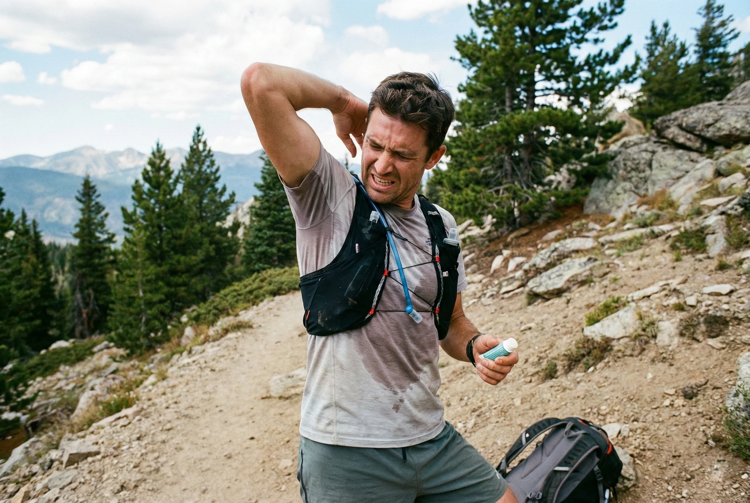 Corredor de trail running revisando una molestia en la zona de la axila durante una pausa en el sendero.
