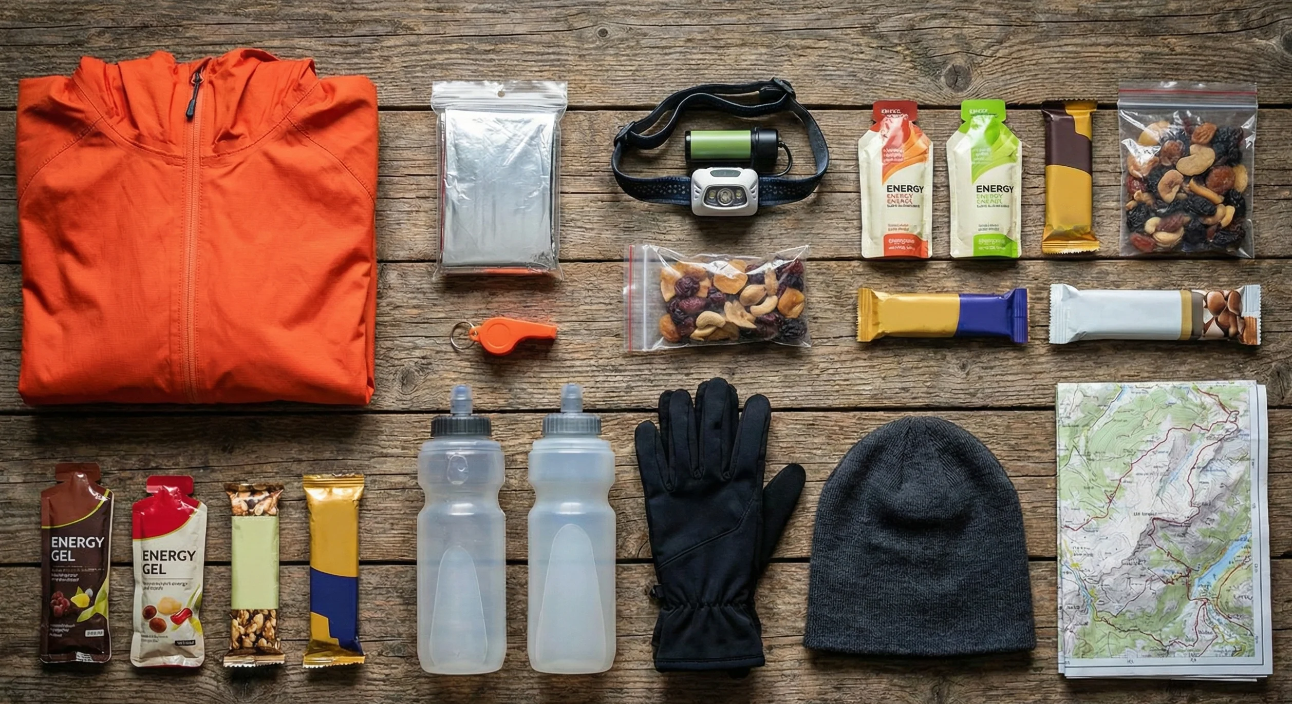 Flatlay con todo el material obligatorio UTMB desplegado sobre una mesa de madera: chaqueta, manta térmica, frontal y comida.