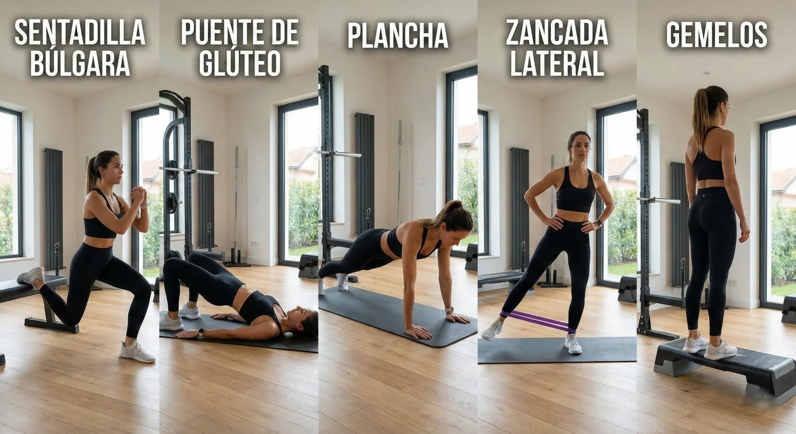 Montaje de los 5 ejercicios clave de fuerza trail: sentadilla búlgara, puente de glúteo, plancha, zancada lateral y gemelos.