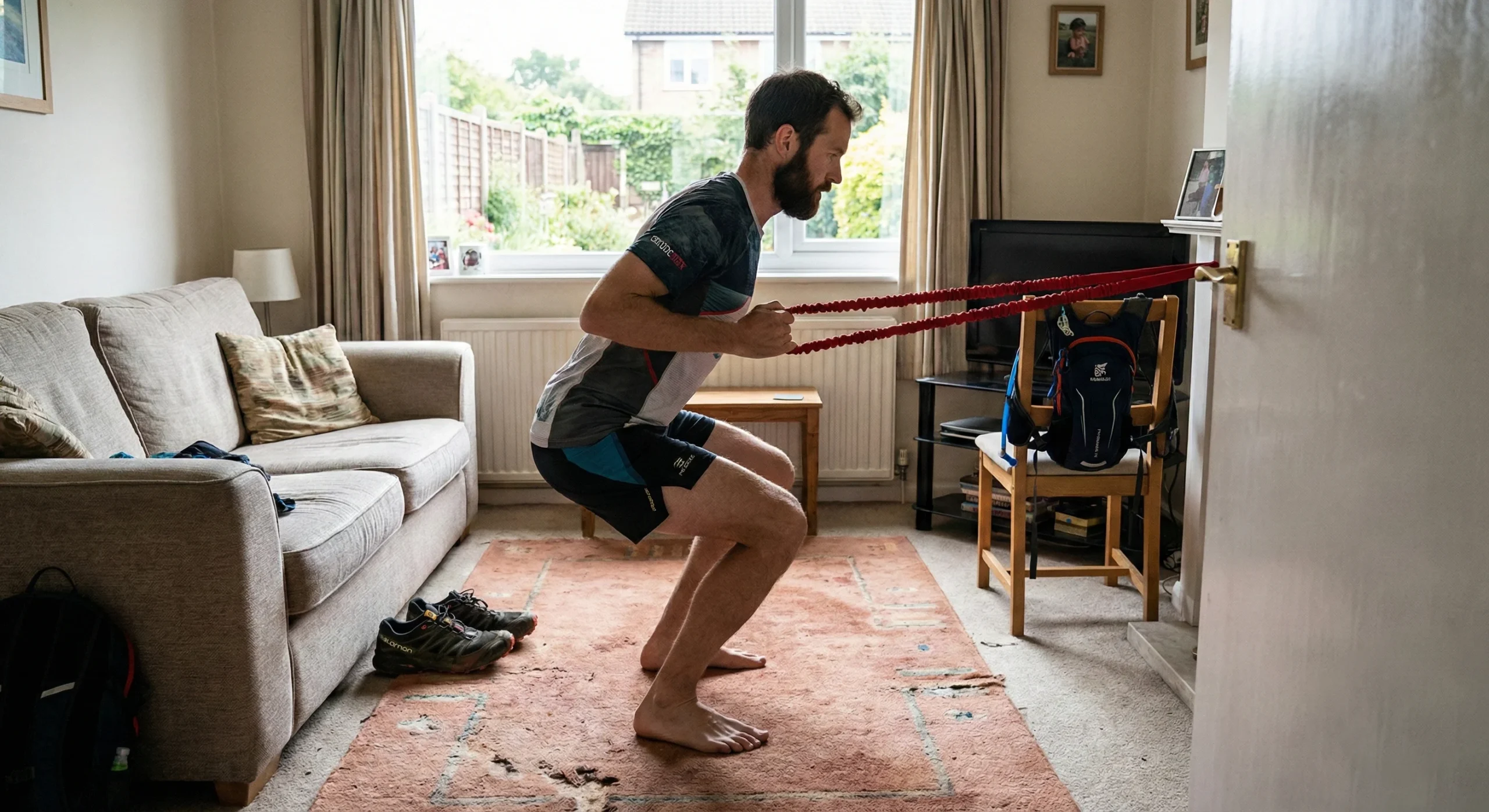 Corredor de trail realizando ejercicios de fuerza en el salón de su casa con una banda elástica.