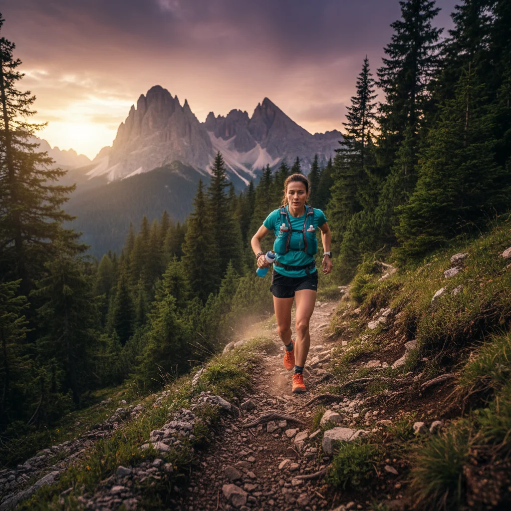 Corredora preparando su salto a la ultra distancia en un sendero técnico.