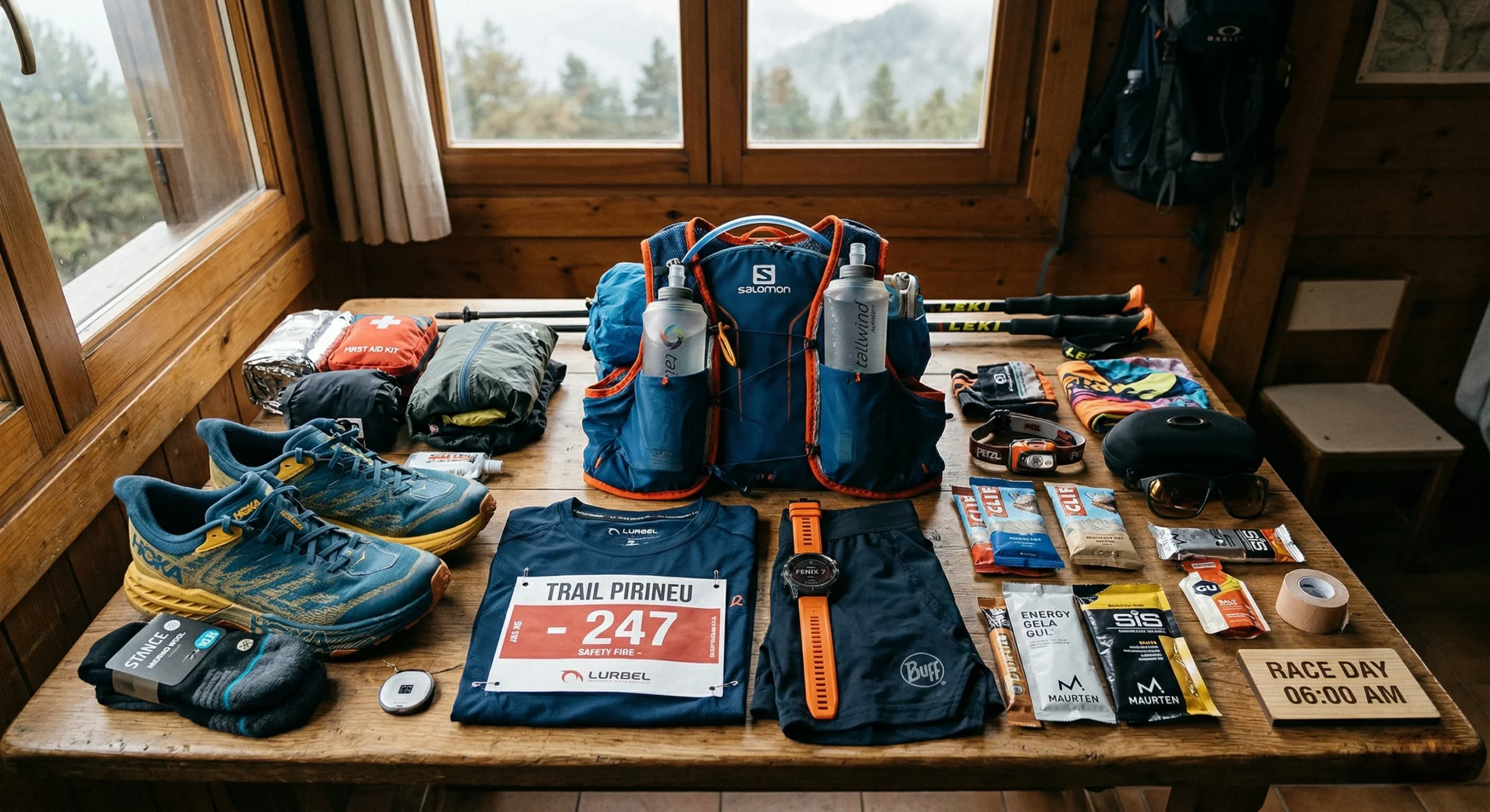 Preparación del material de trail running para el día de la carrera.