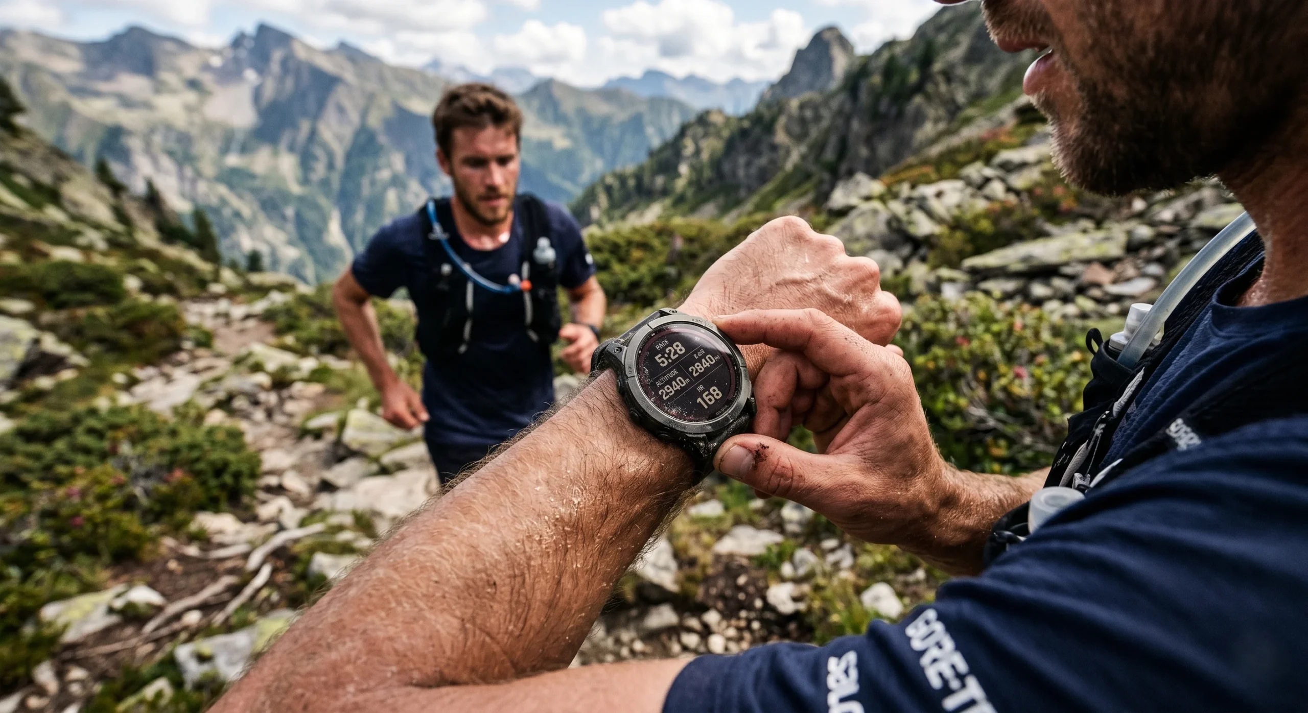 Primer plano de un corredor de trail consultando su reloj GPS en mitad de un sendero técnico.