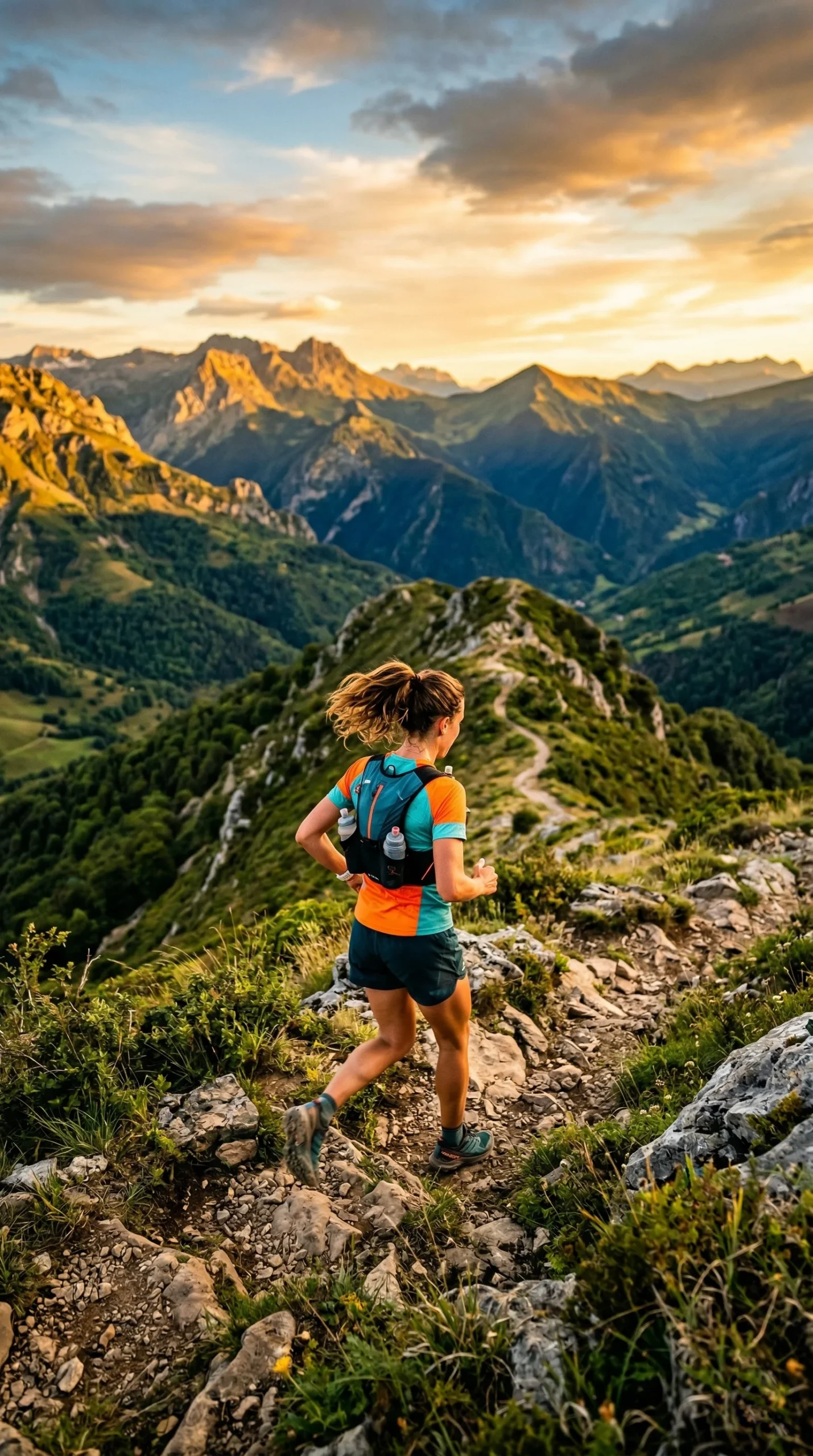 Corredor de trail disfrutando de un trote suave por la montaña durante el tapering.