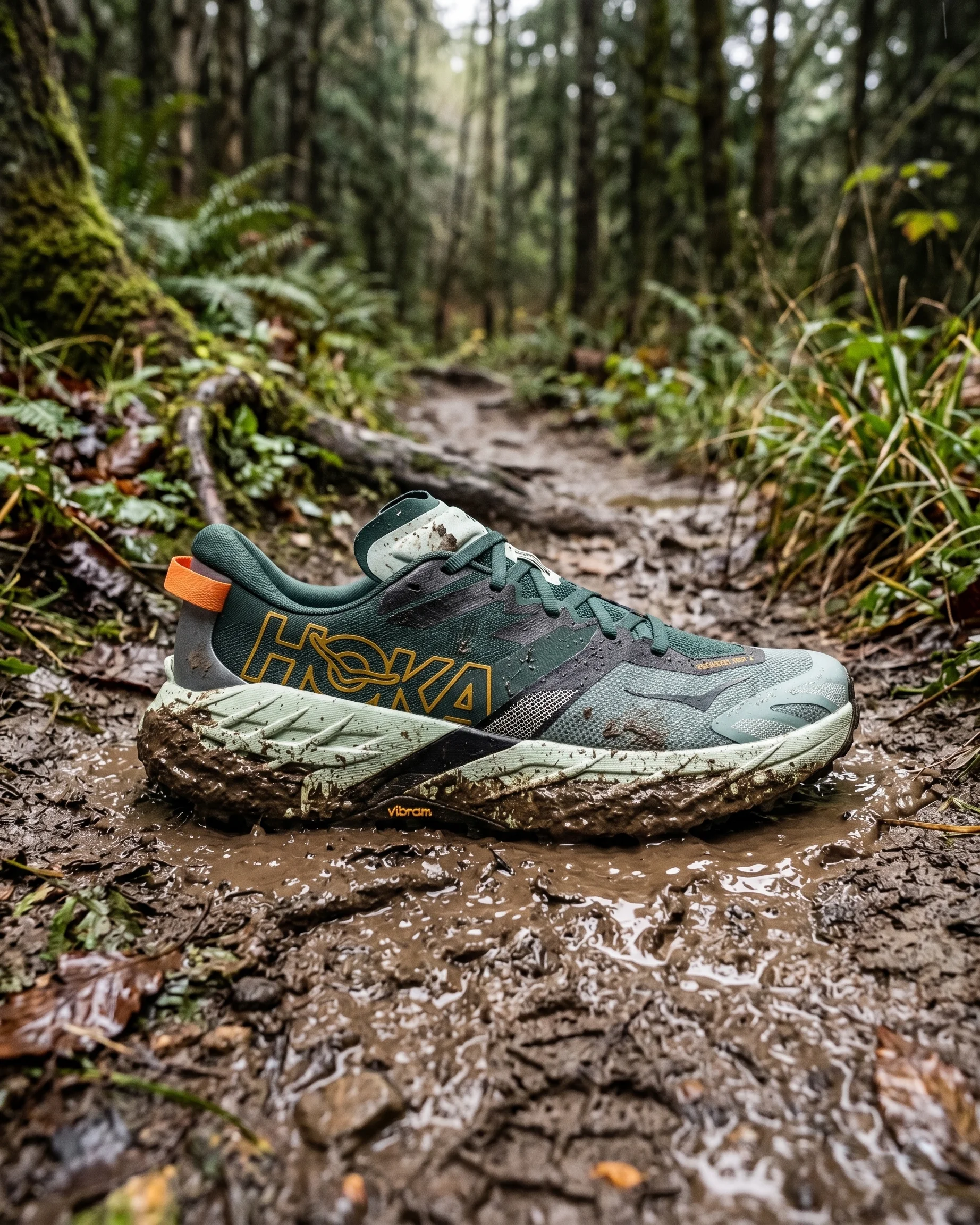 Par de zapatillas Hoka Speedgoat 7 en un sendero embarrado