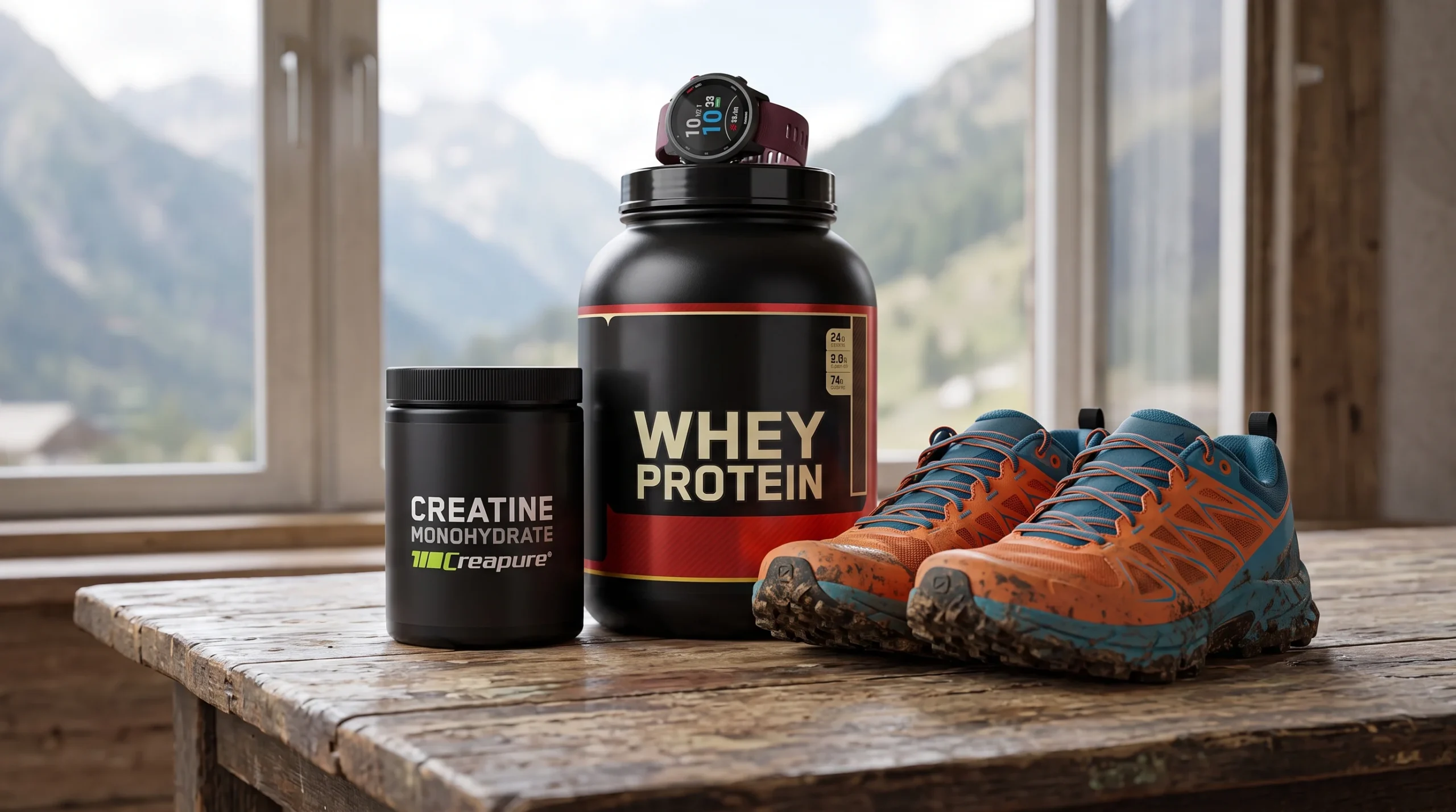 Botes de proteína whey y creatina creapure junto a unas zapatillas de trail running y un reloj gps.