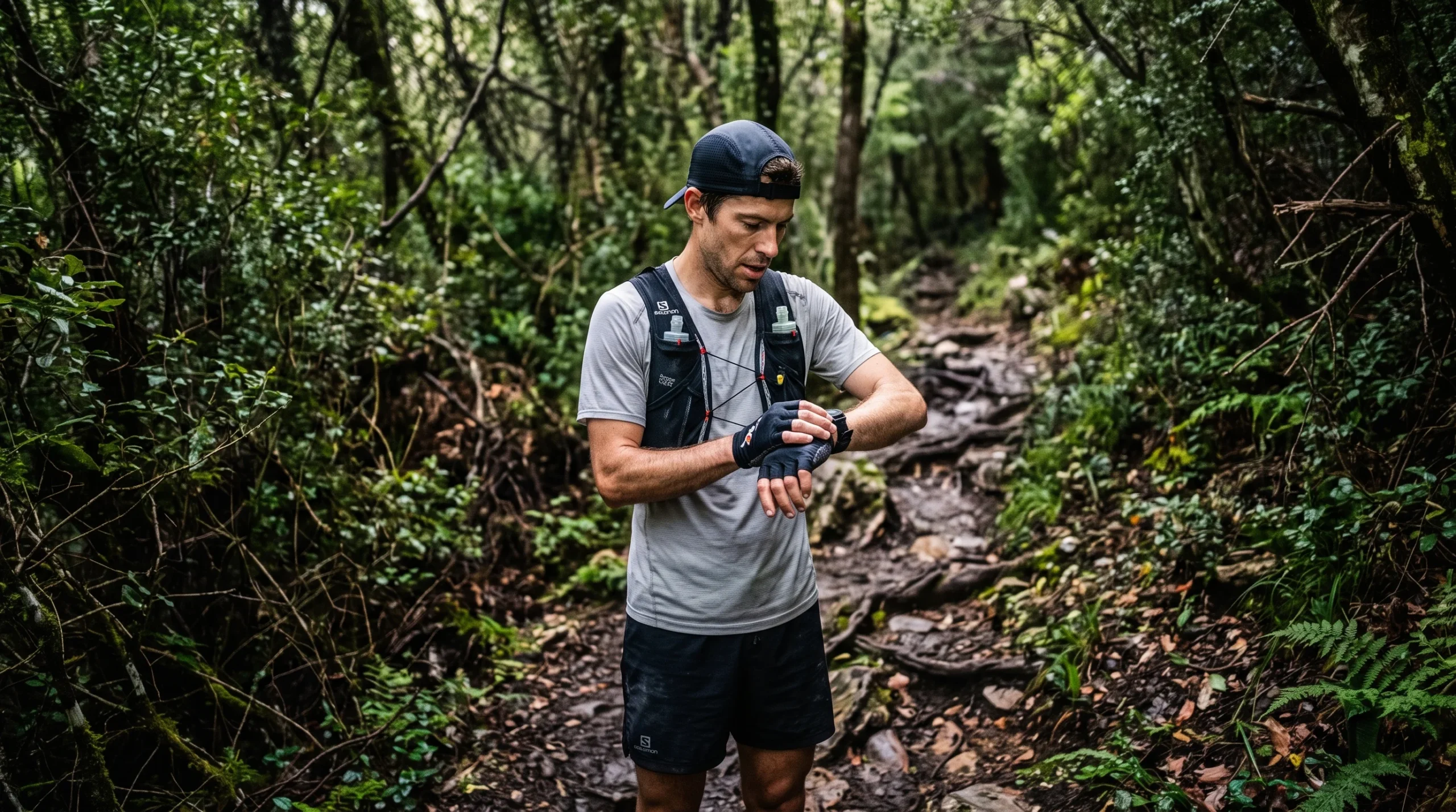 Corredor de trail mirando su reloj GPS en un sendero técnico de alta montaña.